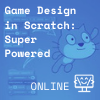 Blue icon with scratch coding and scratch cat in background Coder Kids icon